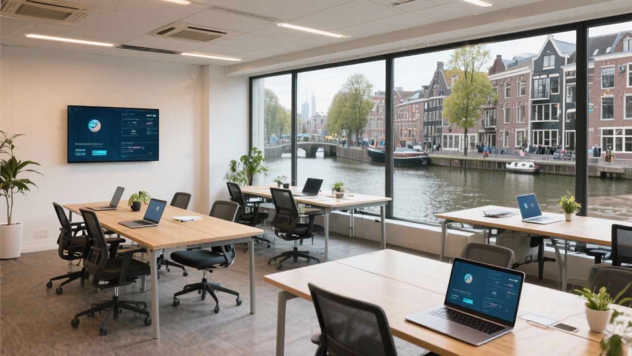 Modern Amsterdam canal-side office viewed from inside with collaborative workspace setup for digital training sessions and laptops on desks