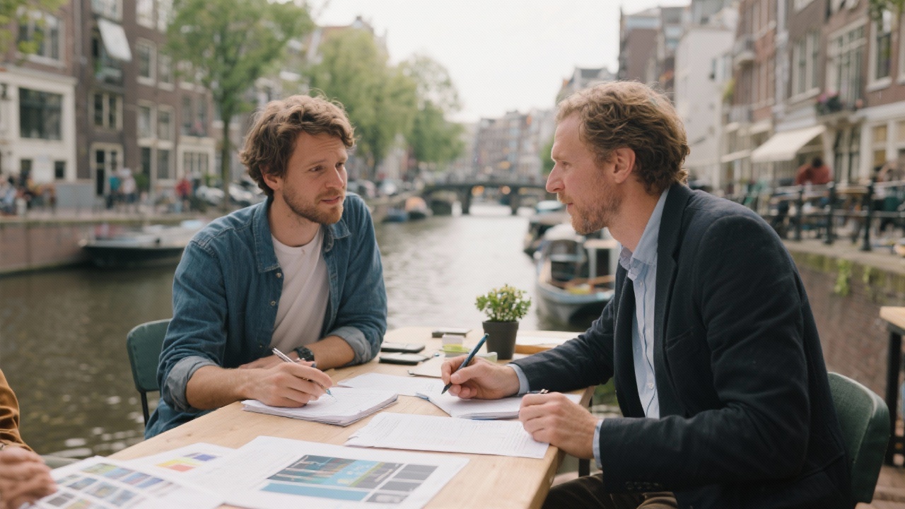 Dutch freelancer meeting with mentor discussing webdesign project plans while reviewing notes in collaborative workspace near Amsterdam canals