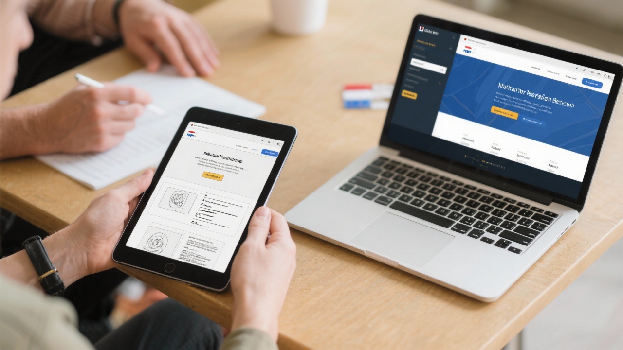 Hands presenting responsive website prototype on tablet and laptop during strategy session for Dutch beginner webdesign freelancers