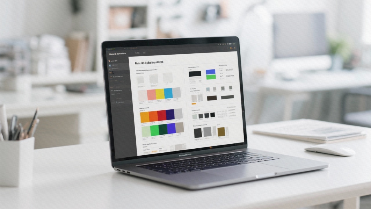 Detailed design system documentation displayed on laptop with color swatches and component guidelines in bright modern workspace